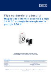 Magnet de retenție deschisă a ușii 24 V DC și forță de menținere în poziție 200 N Fișa cu datele produsului RO